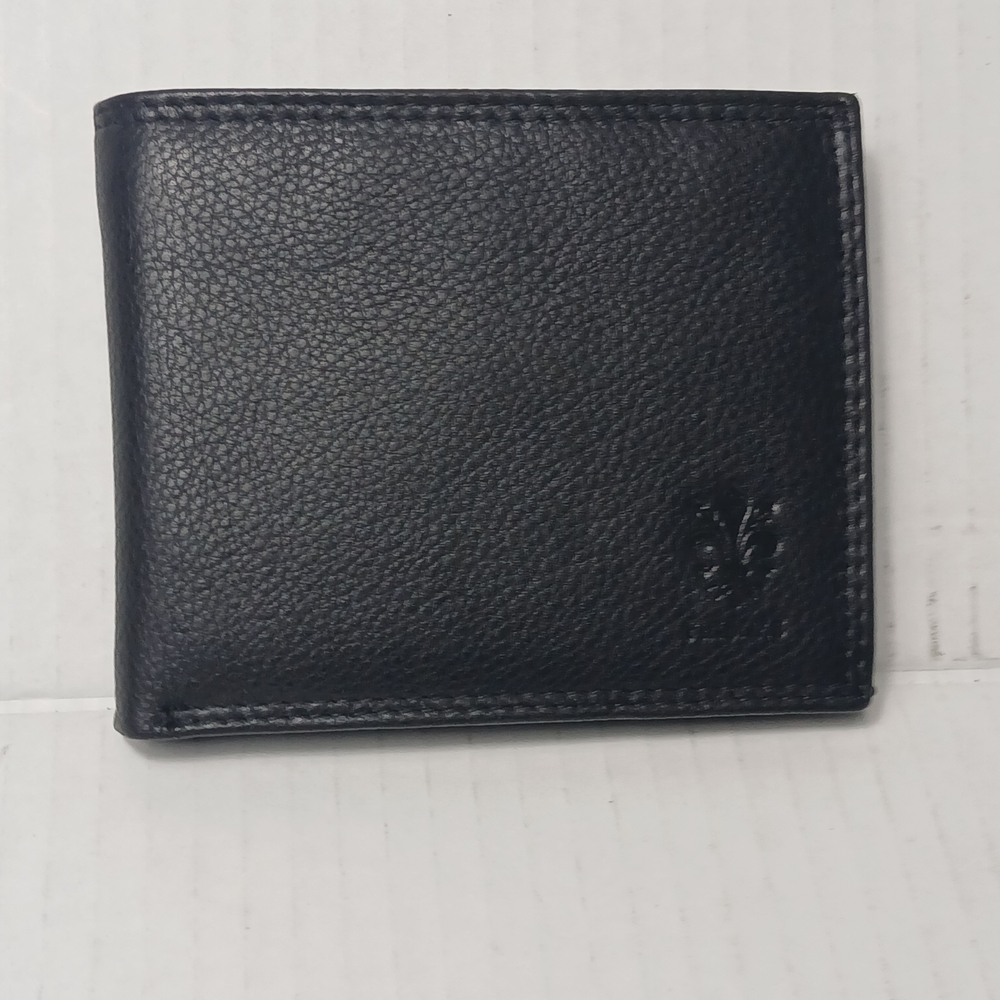 black Genuine leather bi-fold men's wallet with a fleur-de-lis emblem